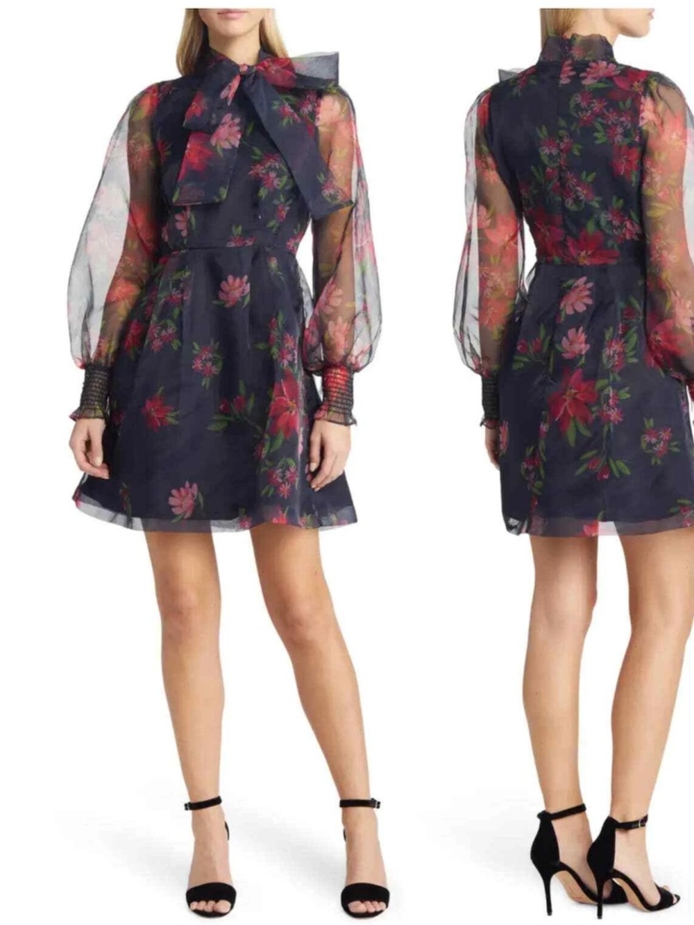 NWT Rachel Parcell Floral Long Sleeve Tie Neck Satin Mini  Dress Elegant 8